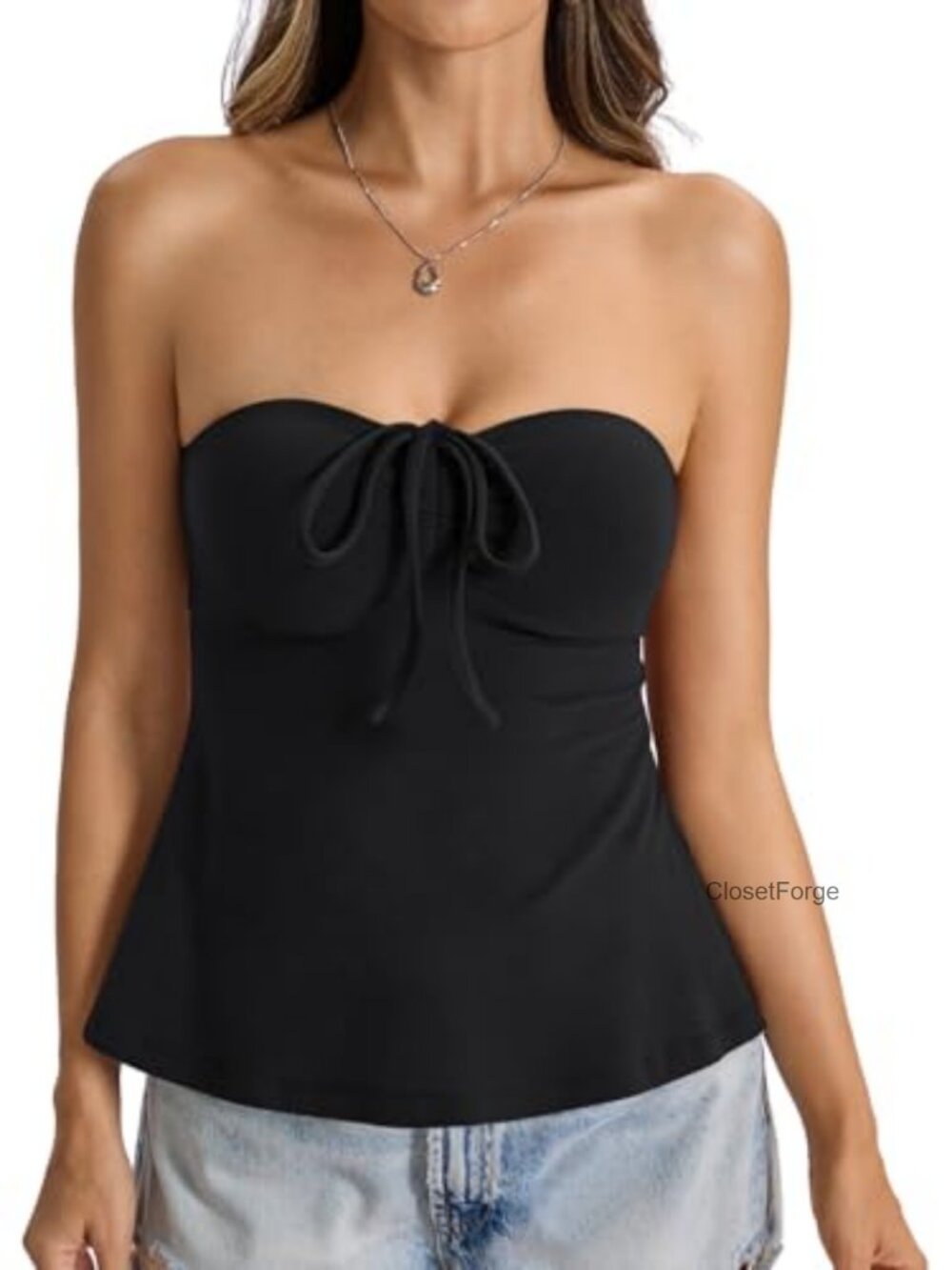 Womens Cotton Babydoll Tube Top Strapless Tie Front Ruched Crop Tank